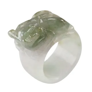 【漢石齋】天然翡翠A貨 如意瑞獸全玉戒指 冰糯種飄花(國際戒圍19號)