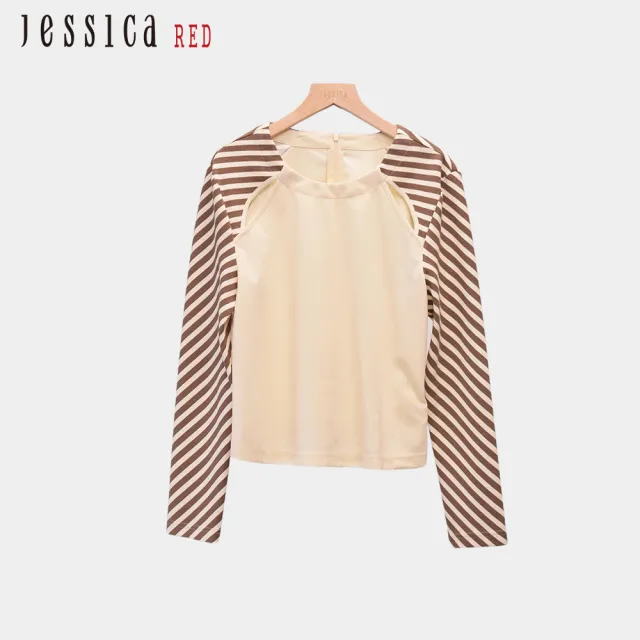 【Jessica Red】百搭簡約圓領拼接袖條紋造型上衣(咖)R44300