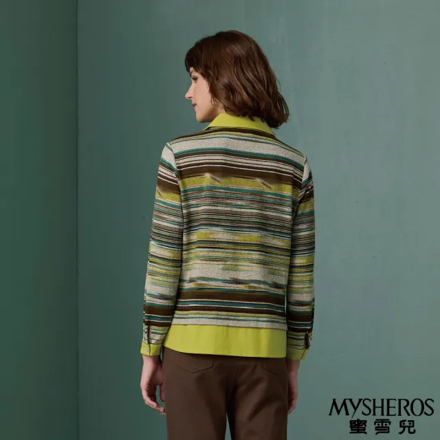 【MYSHEROS 蜜雪兒】造型襯衫上衣 翻領排釦雙口袋 不規則線條拼布(綠)