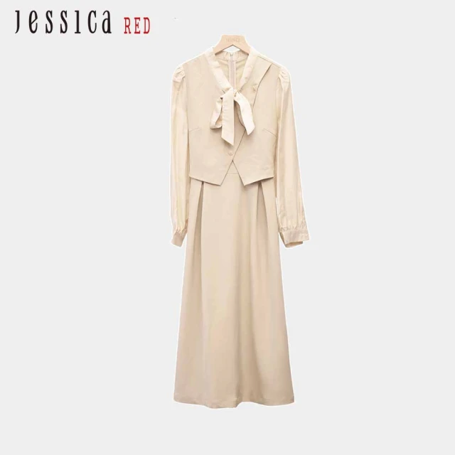 Jessica Red 法式氣質蝴蝶結綁帶假兩件拼接長袖雪紡洋裝（灰褐）R44702