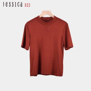 【Jessica Red】百搭簡約素色混羊毛圓領針織短袖上衣（紅咖）R44600