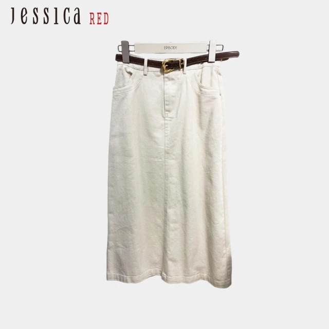 Jessica Red 百搭簡約皮帶造型素色棉質牛仔中長裙（米）R44104