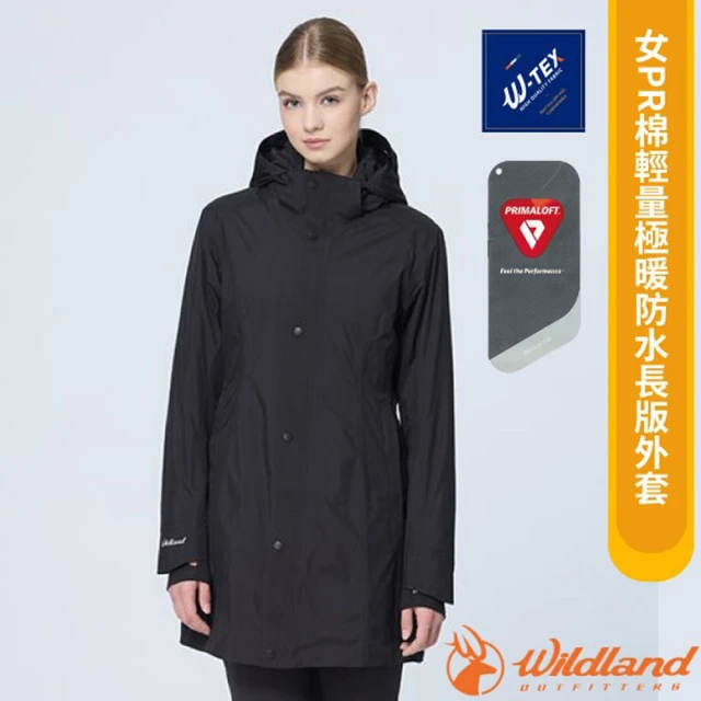 Wildland 荒野 女 PR棉輕量極暖防水長版外套.連帽雪衣_可拆帽(0B22901-165 印黑色)