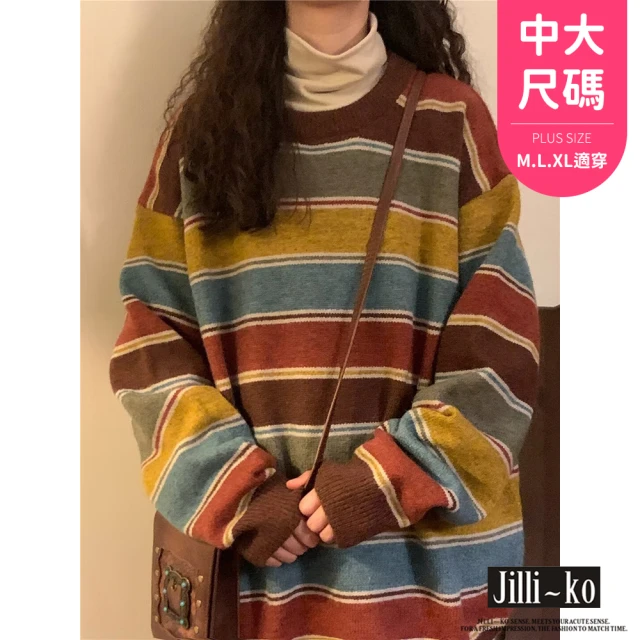 JILLI-KO 慵懶風休閒寬鬆撞色條紋針織上衣-F(紅)