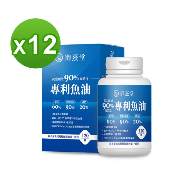 【御熹堂】黃金頂級 90%高濃度專利魚油12入(一入120顆、醫師推薦、高單位Omega-3、rTG好吸收)