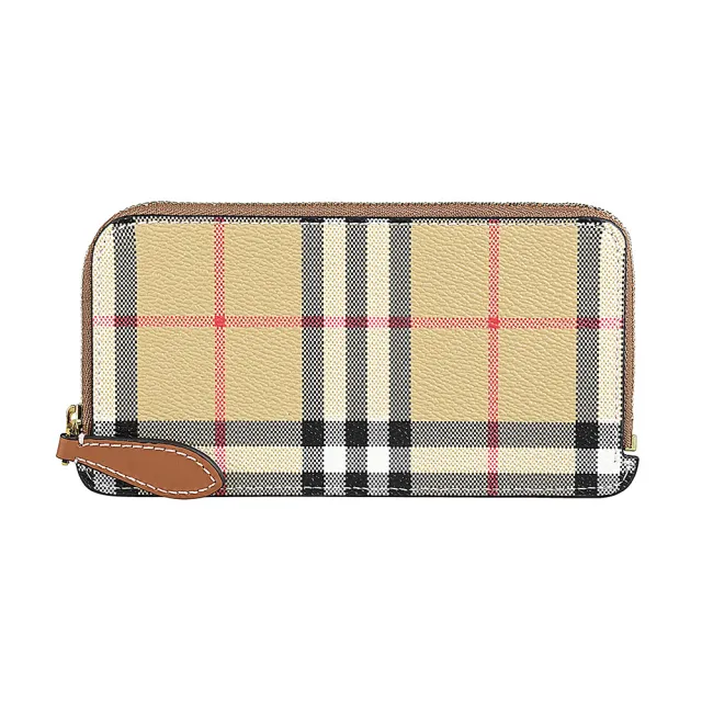 【BURBERRY 巴寶莉】BURBER內裡皮標燙印金字LOGO都市格紋設計PVC拼牛皮6卡對拉鍊長卡夾包(典藏米)