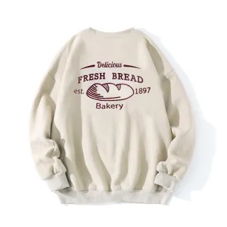 【Dition】復古麵包印花大學服 保暖刷毛長袖上衣(寬版outdoor)