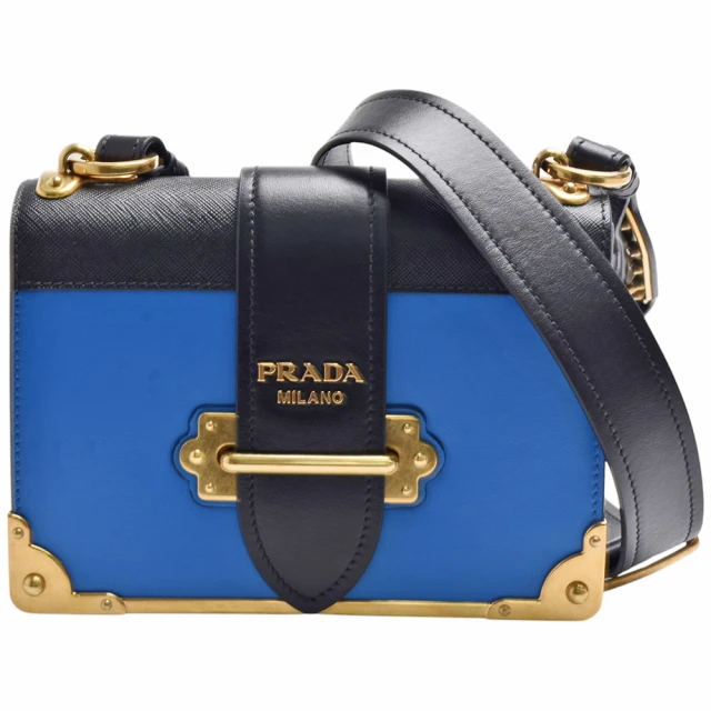 PRADA 普拉達 經典品牌LOGO雙色牛皮掀蓋斜背包(黑/藍色1BD045-MAREA+NERO)