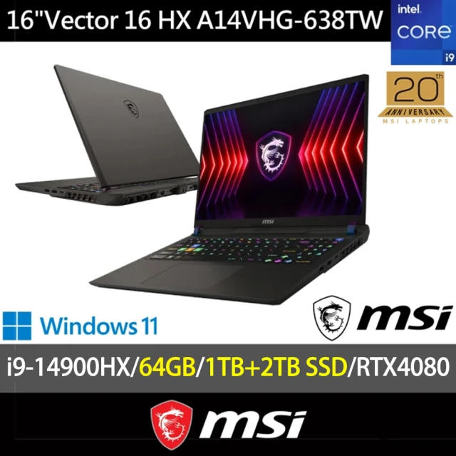 MSI 微星 特仕版 16吋電競筆電(Vector 16 HX/A14VHG-638TW/i9-14900HX/64G/1TB+2TB SSD/RTX4080/W11)