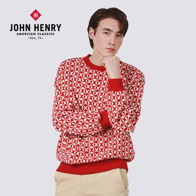 JOHN HENRY 四角星形紅白針織衫-紅色