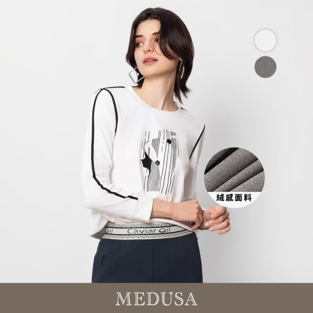 MEDUSA 曼度莎 現貨-黑壓線毛絨長袖T恤 - 2色（M-XL）｜女休閒上衣 女長袖T恤 刷毛(501-13001)