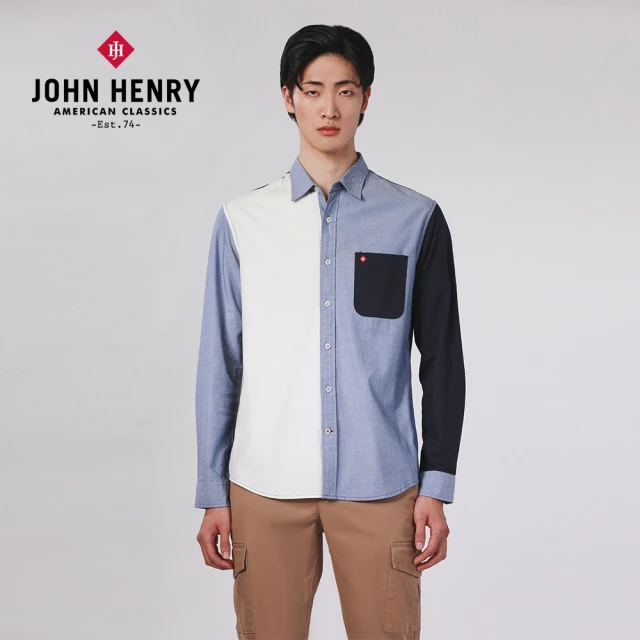 JOHN HENRY 撞色拼接長袖襯衫-白藍