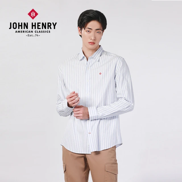 JOHN HENRY 基本條紋長袖襯衫-藍色