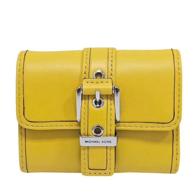 【Michael Kors】MK Colby專櫃款皮革束帶三折短夾 白色/黃色(贈原廠紙袋紙盒七夕情人節)