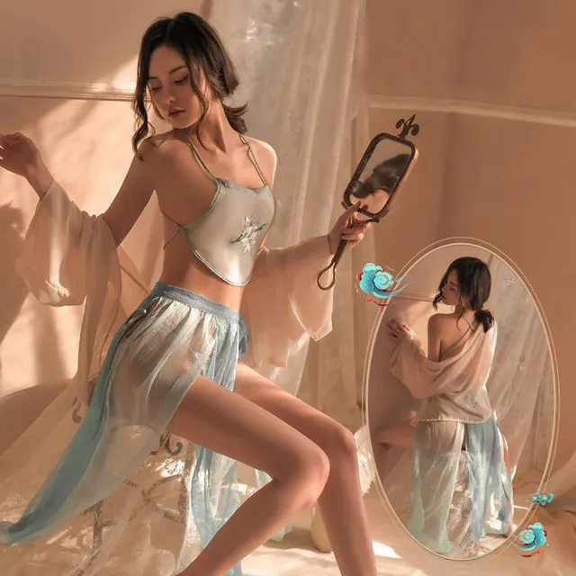 【Sexy angel】仙女古典宮廷風雪紡紗肚兜開叉裙旗袍外衫套裝情趣睡衣(情趣內衣角色扮演服 兩色-藍色)