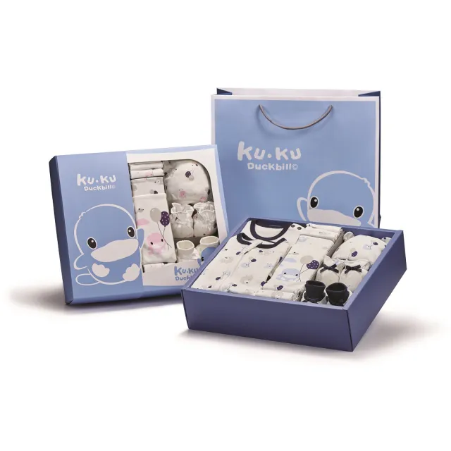 【KU.KU. 酷咕鴨】夢想氣球懶人包巾豪華彌月禮盒16件組(藍/粉)