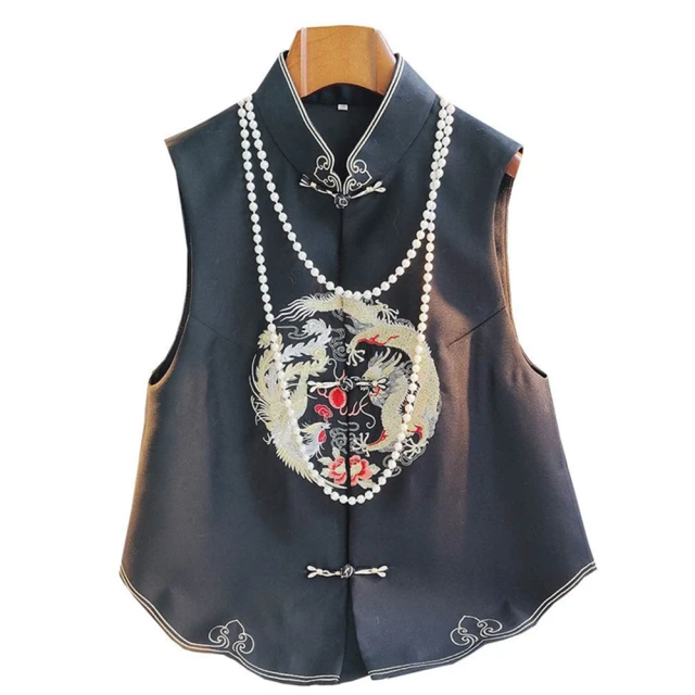 Paiya 派亞 黑色龍紋刺繡國風馬甲女秋季新款改良複古中式