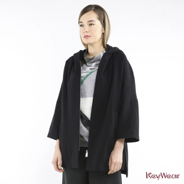 【KeyWear 奇威名品】羊毛亮銀金屬拉鍊連帽外套
