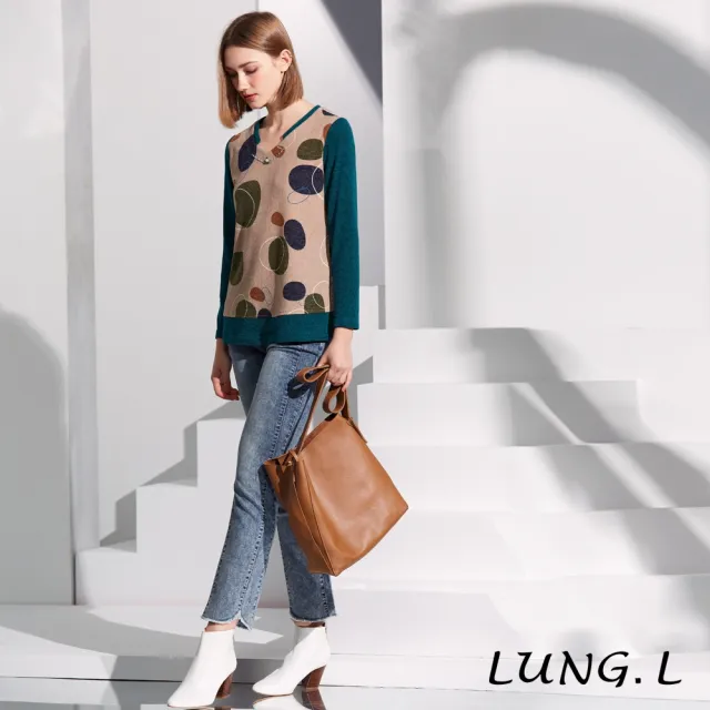 【LUNG.L 林佳樺】LQ70A駝色印花拼接綠色素面長袖女裝上衣(保暖 秋冬款)