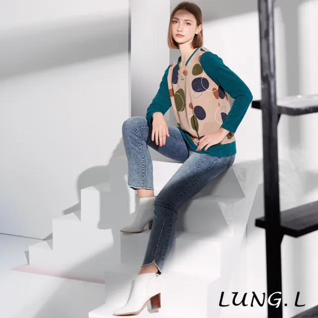 【LUNG.L 林佳樺】LQ70A駝色印花拼接綠色素面長袖女裝上衣(保暖 秋冬款)