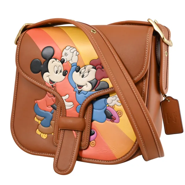 【COACH】DISNEY聯名 限定米奇米妮圖案翻蓋學院包斜背包(咖 大)