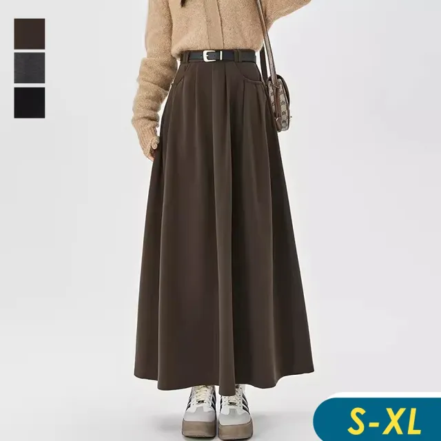【CHACO】/預購/女冬日 毛呢半身裙美拉德風高腰厚感半身裙+皮帶#1788(半身裙 長裙 毛呢 美拉德 冬日)