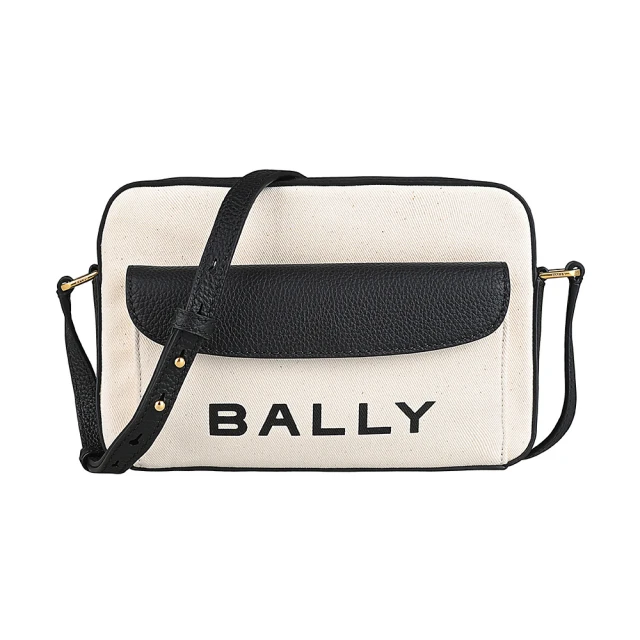 BALLY BALLY Bar Daniel黑字標籤LOGO條紋細節設計帆布拼牛皮拉鍊斜背包(米白x黑)