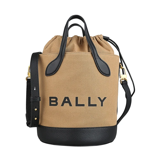 BALLY BALLY BAR簡約字母LOGO斜紋線設計帆布拼牛皮束口手提斜背包(沙棕x黑)