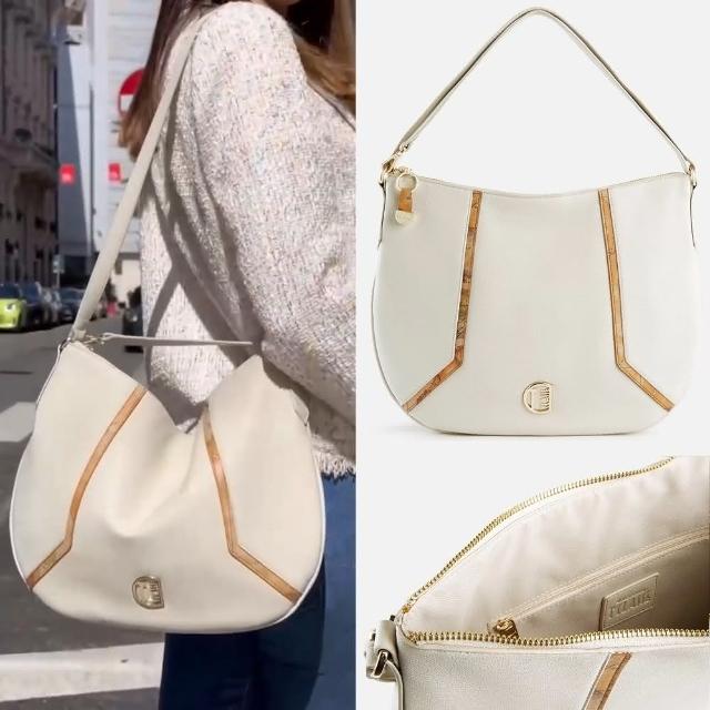 【Alviero Martini】義大利地圖包 地圖象限 圓徽拉鍊側背包(米白色)