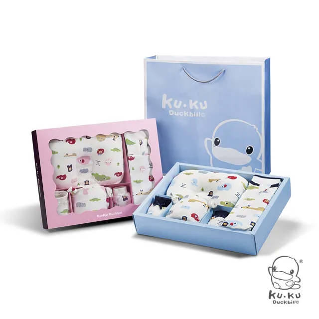 【KU.KU. 酷咕鴨】動物派對懶人包巾彌月禮盒10件組(藍/粉)