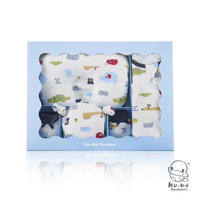 【KU.KU. 酷咕鴨】動物派對懶人包巾彌月禮盒10件組(藍/粉)