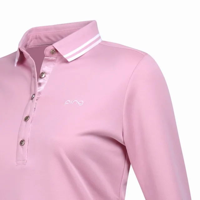 【PING】女款條紋領素面吸濕排汗薄長袖POLO衫-粉橘(GOLF/高爾夫球衫/RA23290-25)