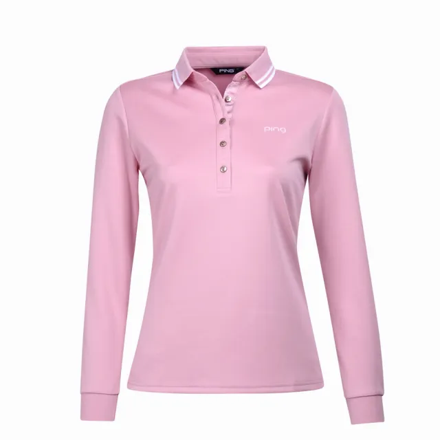 【PING】女款條紋領素面吸濕排汗薄長袖POLO衫-粉橘(GOLF/高爾夫球衫/RA23290-25)