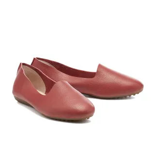 【MELROSE】美樂斯 日常百搭柔軟純色荔紋全真皮平底鞋(紅)