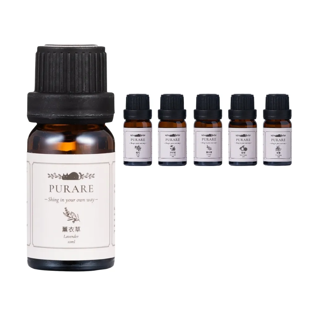 【PURARE】100%天然植物萃取放鬆舒眠精油6入組(薰衣草/佛手柑/橙花/伊蘭/甜橙/洋甘菊各10ml)