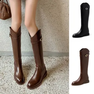 【JP Queen New York】英倫V口擦色牛皮內增高騎士長靴(2色可選)