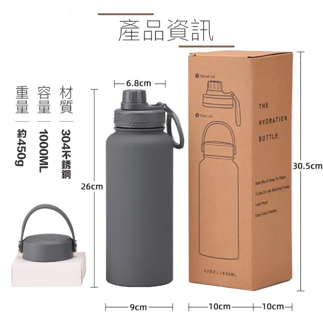 【304不銹鋼雙蓋保溫杯】1000ML直飲大容量保溫杯 運動款提把(保溫杯 隨行杯 咖啡杯 不鏽鋼水壺 保溫水壺)