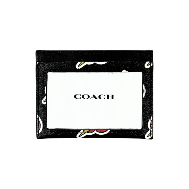 【COACH】彩色愛心印花PVC拼接素面皮革雙面名片/票卡夾(黑色)