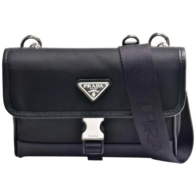 【PRADA 普拉達】經典三角品牌LOGO尼龍腰包/斜背包(黑色2ZH108-TESUTO+SAFFIAN-NERO-1)