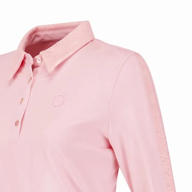 【PING】女款蕾絲剪接緹花薄長袖POLO衫-粉橘(吸濕排汗/抗UV/GOLF/高爾夫球衫/RA24207-23)