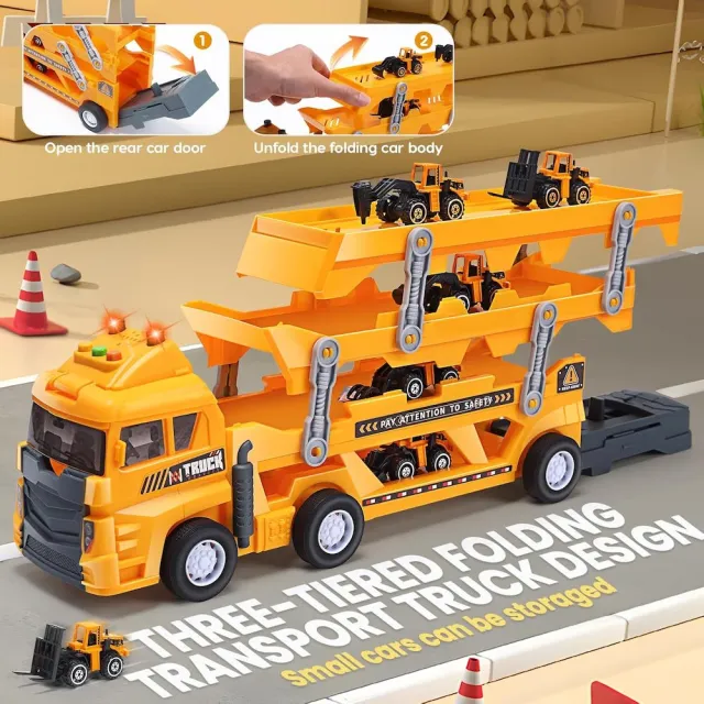 【CuteStone】小小工頭開工！仿真三層工程運輸車套裝(6款迴力車+工程告示牌) 工程現場模擬 生日禮物推薦