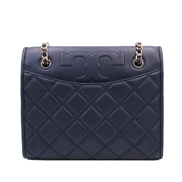 【TORY BURCH】菱格紋衍縫皮革鍊帶肩背/斜背兩用包(海軍藍)