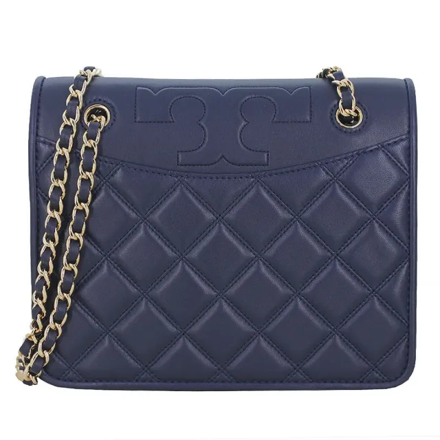 【TORY BURCH】菱格紋衍縫皮革鍊帶肩背/斜背兩用包(海軍藍)