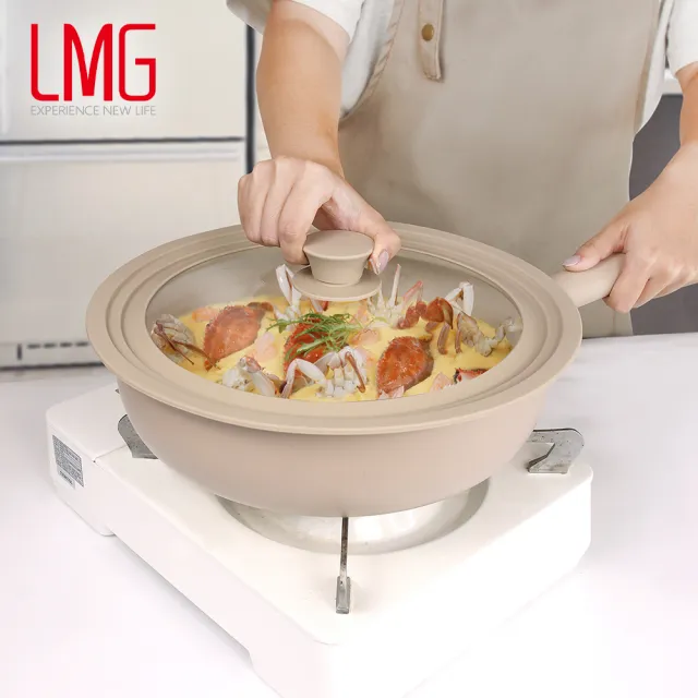 【LMG】ALBEE聯名｜奶茶不沾炒鍋附蓋28cm-IH爐可用鍋(不沾鍋 適用各種爐具)