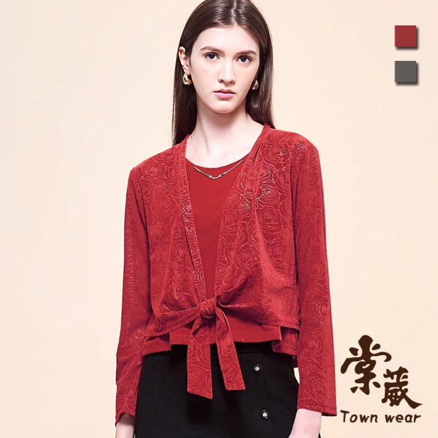 TOWN’WEAR 棠葳 假兩件典雅玫瑰上衣-附項鍊 2色(中大尺碼/女上衣/女上著/宴會/晚宴/素色/綁結/印花)