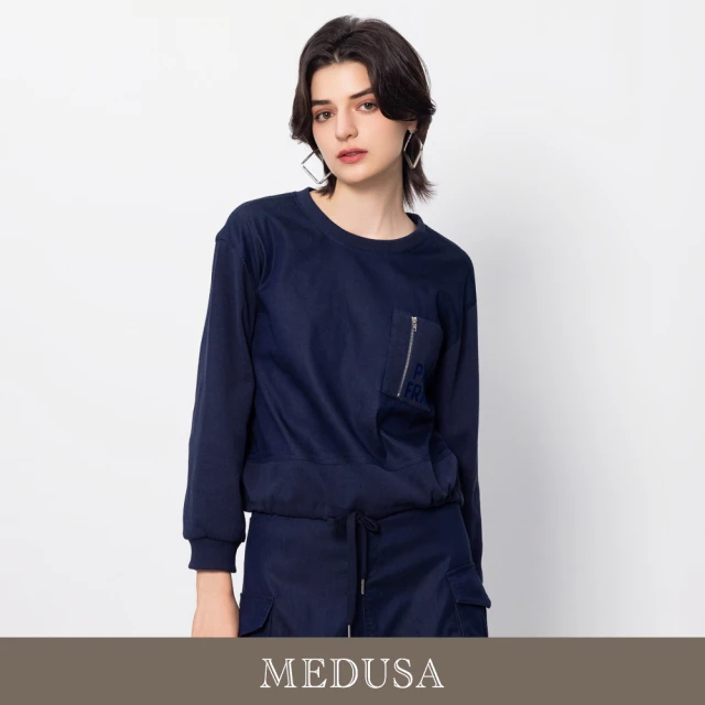 MEDUSA 曼度莎 現貨-藍色拉鍊口袋羅紋運動上衣（M-XL）｜女休閒上衣 長袖上衣(501-7000A)