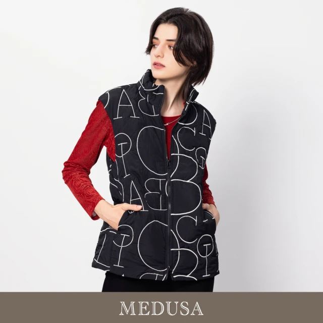 MEDUSA 曼度莎 現貨-刺繡字母黑色抽繩背心外套（M-XL）｜女鋪棉外套 女鋪棉背心(501-21308)