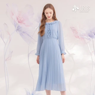 【IRIS 艾莉詩】蕾絲荷葉百褶洋裝-藍色(46613)