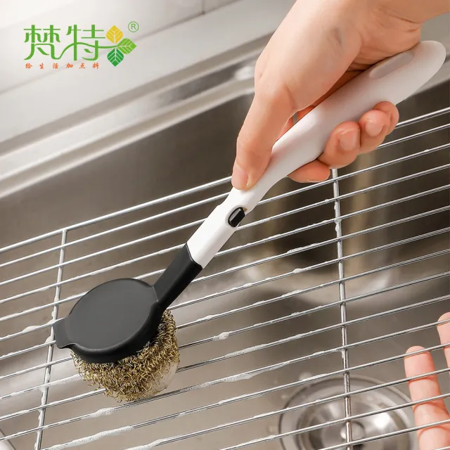 【梵特】防傷塗層銅絲鋼絲球長柄洗鍋刷-附替換頭2入(清潔刷/萬用刷/多功能)