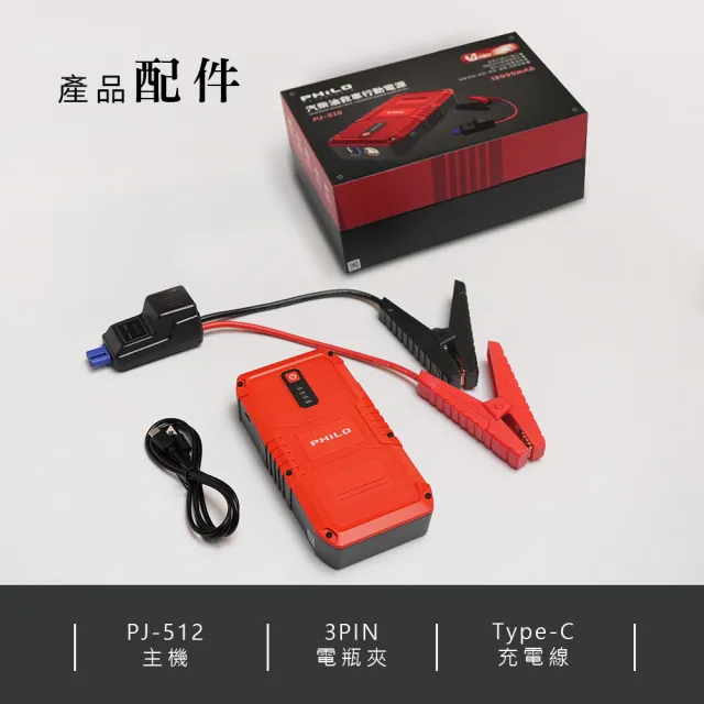 【Philo 飛樂】12000mAh 汽柴油 救車行動電源 PJ-512(汽車急救電源/行動電霸/汽車接電/啟動電源/行動救援)